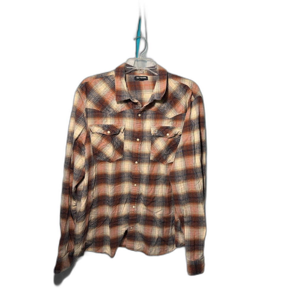 Vintage-Vibe True Religion Brown Plaid Flannel Western Shirt Snap Pockets